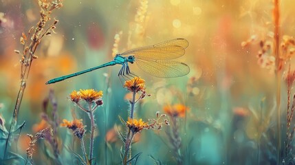  A blue dragonfly perches on a yellow flower amidst a field of yellow and orange wildflowers