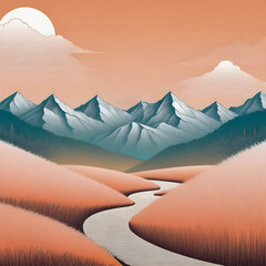 Serene Landscape with Winding River and Snow-Capped Mountains