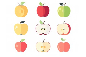 Apple fruit vector set in red and green colour. Set of apples and sliced apples isolated on white background. Whole, half, slice of red and green apple fruit with green leaves. Vector illustration