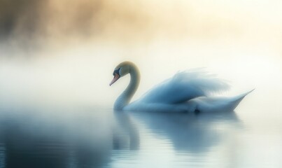 Fototapeta premium White swan drifting on still water, soft reflections and gentle ripples