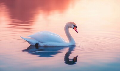 Fototapeta premium White swan drifting on still water, soft reflections and gentle ripples