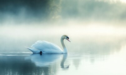 Fototapeta premium White swan drifting on still water, soft reflections and gentle ripples