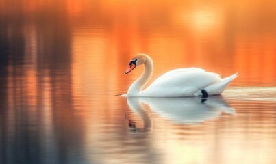 Fototapeta premium White swan drifting on still water, soft reflections and gentle ripples