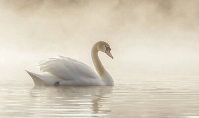 Fototapeta premium White swan drifting on still water, soft reflections and gentle ripples
