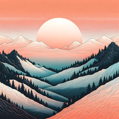 Stylized Mountain Range with Warm Sunset Sky