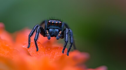 Fototapeta premium A tight shot of a blue jumping spider atop an orange blossom against a hazy backdrop of greenery and muted reds