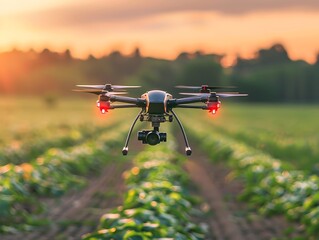 Drone Monitoring Crop Health and Growth in Agricultural Field at Sunset