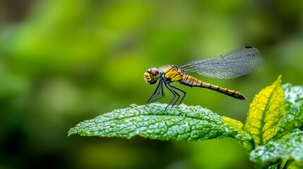  A dragonsfly perched closely on a verdant leaf, dotted with water droplets on its translucent wings