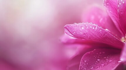  A tight shot of a pink flower, adorned with dewdrops on its petals and a shimmering wet center