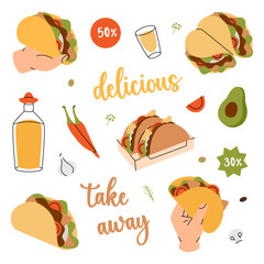 Tacos set. Mexican cuisine food. Hand drawn elements for cafe menu, restaurants. Vector illustration.