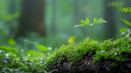  A small plant emerges from a moss-covered log in the heart of the verdant forest, its leaves just beginning to unfurl