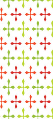 A repeating pattern of stylized crosses in red and green hues on a white background, suitable for textile design or wallpaper.