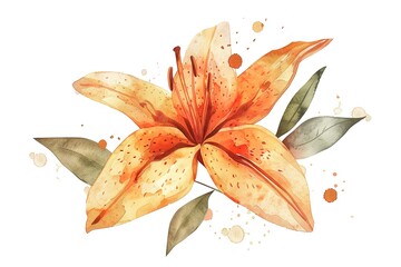 Illustration of an orange lily flower with grey leaves on the stem on a white background