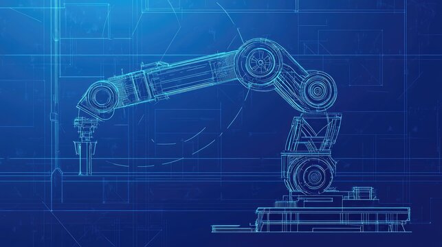 A robotic arm on a blueprint background, illustrating the concept of automation and manufacturing.