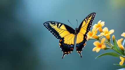 Naklejka premium A yellow and black butterfly perches atop a clustered array of yellow blooms against a softly blurred backdrop