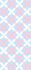 A repeating geometric pattern featuring interlocking shapes in pastel colors of pink, white, and blue.