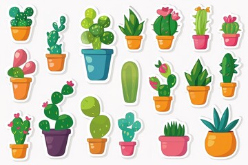 A set of cute cartoon plants in pots sticker style with a simple drawing and bright colors on a white background