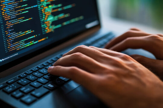 Capture the essence of software development with hands on a mechanical keyboard, immersed in coding across multiple code windows, showcasing the creative process.