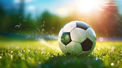 A captivating close-up of a soccer ball ablaze, with flames erupting from various points around it.