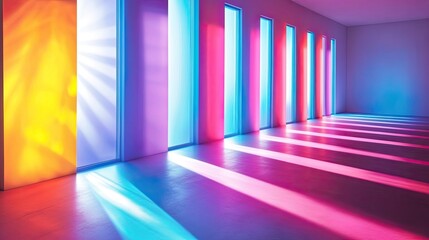A room with colorful walls and a bright light shining through the windows