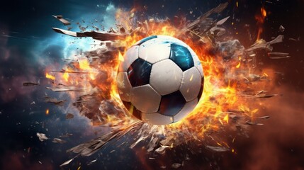 Naklejka premium A captivating close-up of a soccer ball ablaze, with flames erupting from various points around it.