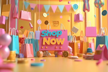 Colorful and whimsical shopping concept with 'Shop Now' sign