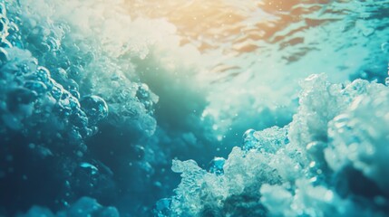  A close-up of water with bubbles and the sun shining behind it