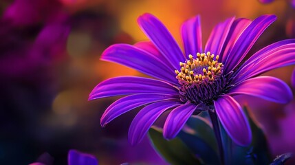 Obraz premium A purple flower with a yellow center, surrounded by a blend of purple and yellow flowers against a multicolored, blurred backdrop