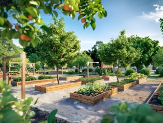 Lush Urban Orchard with Communal Garden Plots and Educational Signage Promoting Local Agriculture