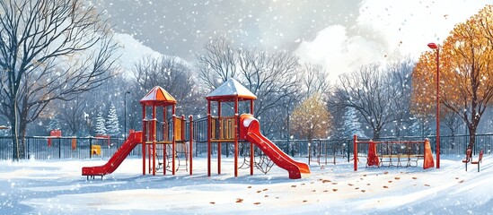 Winter Playground Scene with Snow and Red Play Structures. Illustration of a Snow-Covered Playground. 3D Illustration. Generate Ai Image