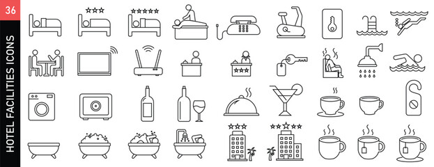 Hotel and Facilities Icon Set. Building, Room, Spa, Pool, Gym, Wi-Fi, Restaurant, and Sauna