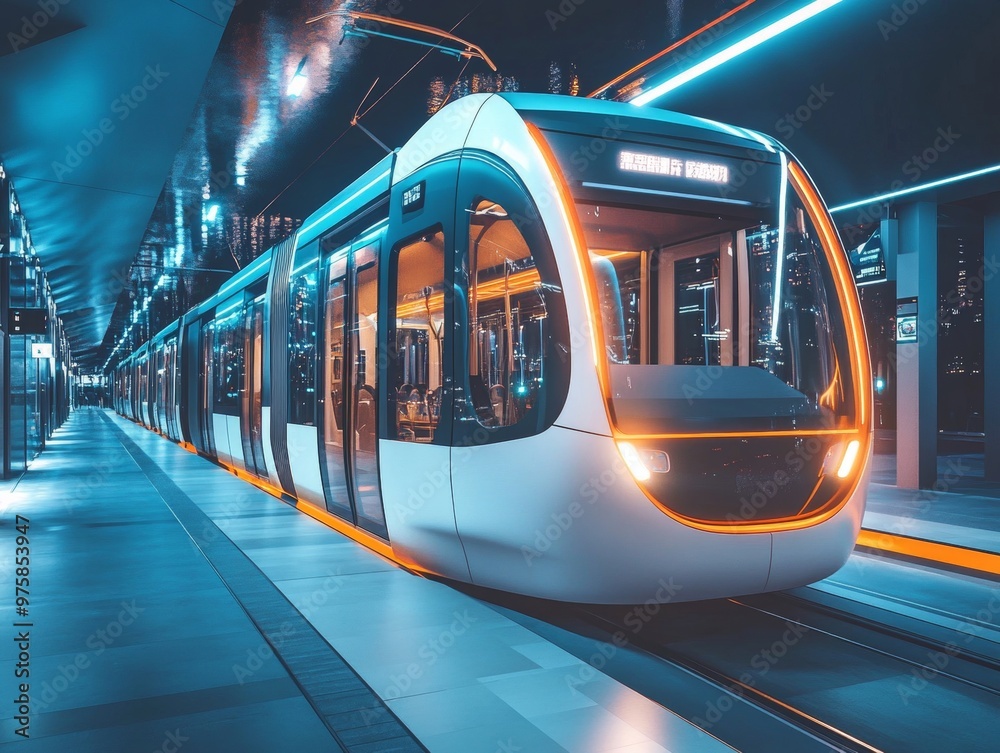 Wall mural modern tram at night in city station.