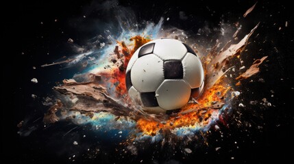 Fototapeta premium A captivating close-up of a soccer ball ablaze, with flames erupting from various points around it.