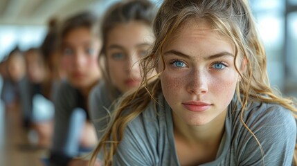 Obraz premium A group of young practitioners engages in yoga, concentrating on their breathing and alignment in a serene studio surrounded by sunlight