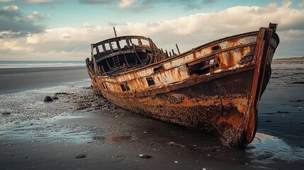 A rusty, abandoned shipwreck in the middle of a desert, with dunes surrounding it