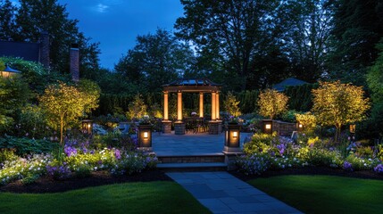 A beautiful garden with a gazebo and a patio area lit up at night