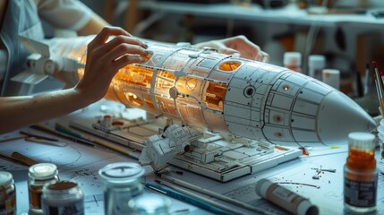 A talented creator works on a complex spacecraft model surrounded by an array of colorful paints and tools, showcasing artistic dedication and craftsmanship
