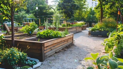 Thriving Community Garden with Raised Beds Compost Bins and Seating for Local Food Production and Social Interaction