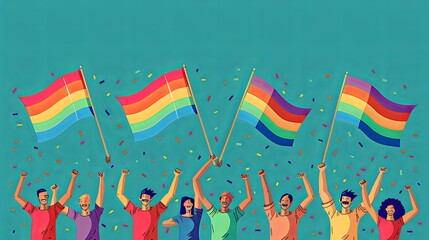  LGBT Pride Day. Diversity multiracial people hands in demonstrations with rainbow flags. Activists together. Vector flat illustration