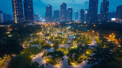 Obraz premium Urban Park at Night with City Skyline.