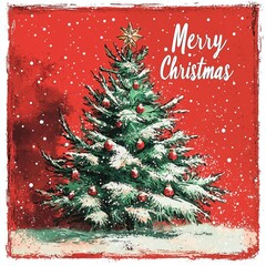 Merry Christmas Greeting Card Design with Festive Tree and Red Background for Holiday Season.