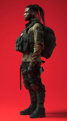 Fototapeta premium Mystical Centaur Warrior in Military Attire on Red Background - Photo-realistic Fantasy Character with Cinematic Lighting