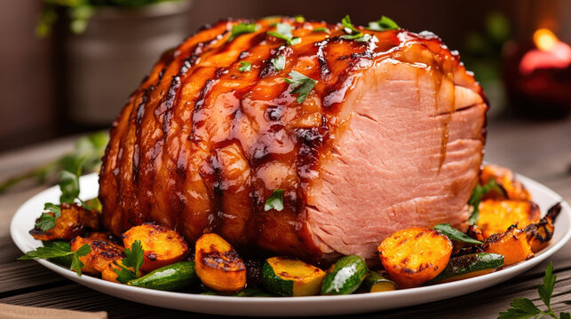 Discover a festive and hearty dish featuring honey glazed ham with caramelized edges, paired perfectly with seasonal roasted vegetables for an inviting meal.