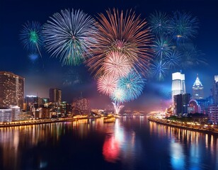 Espectaculares fuegos artificiales iluminan el cielo nocturno sobre una gran ciudad moderna. Los edificios brillan con luces, y las explosiones de color llenan el cielo, reflej&aacute;ndose en un r&iacute;o cercano