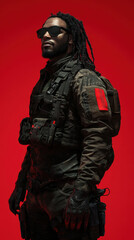 Obraz premium Majestic Centaur Warrior in Military Attire Against Red Background - Photo-realistic Fantasy Character with Dreadlocks and Horse Body