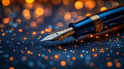 Blue Fountain Pen with Gold Tip on Glitter Background - Illustration