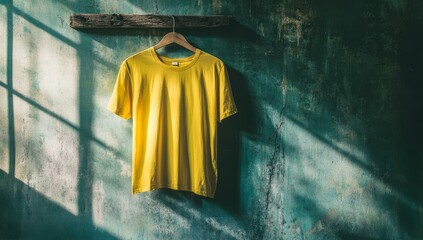 Naklejka premium Yellow t-shirt hanging on a weathered wall.