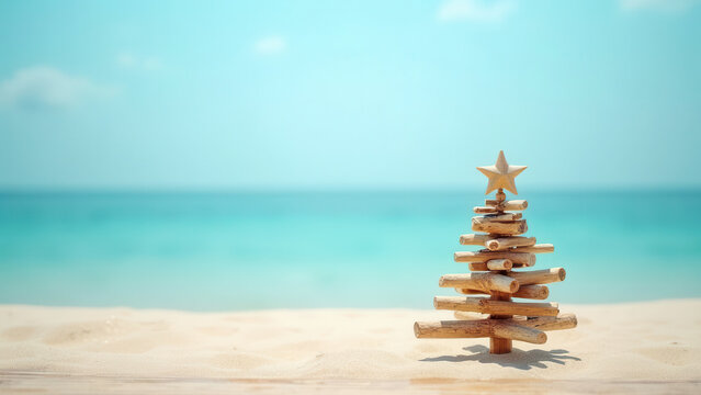 Cute little christmas tree at the beach with copy space