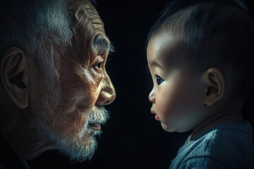 An elderly person and a child face each other, emphasizing the generational bond and contrast between youth and age, captured in a dark, contemplative setting.