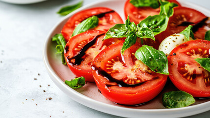 Experience a vibrant caprese salad featuring juicy tomato slices, fresh basil, and a drizzle of balsamic glaze, perfect for summer gatherings or healthy meals.